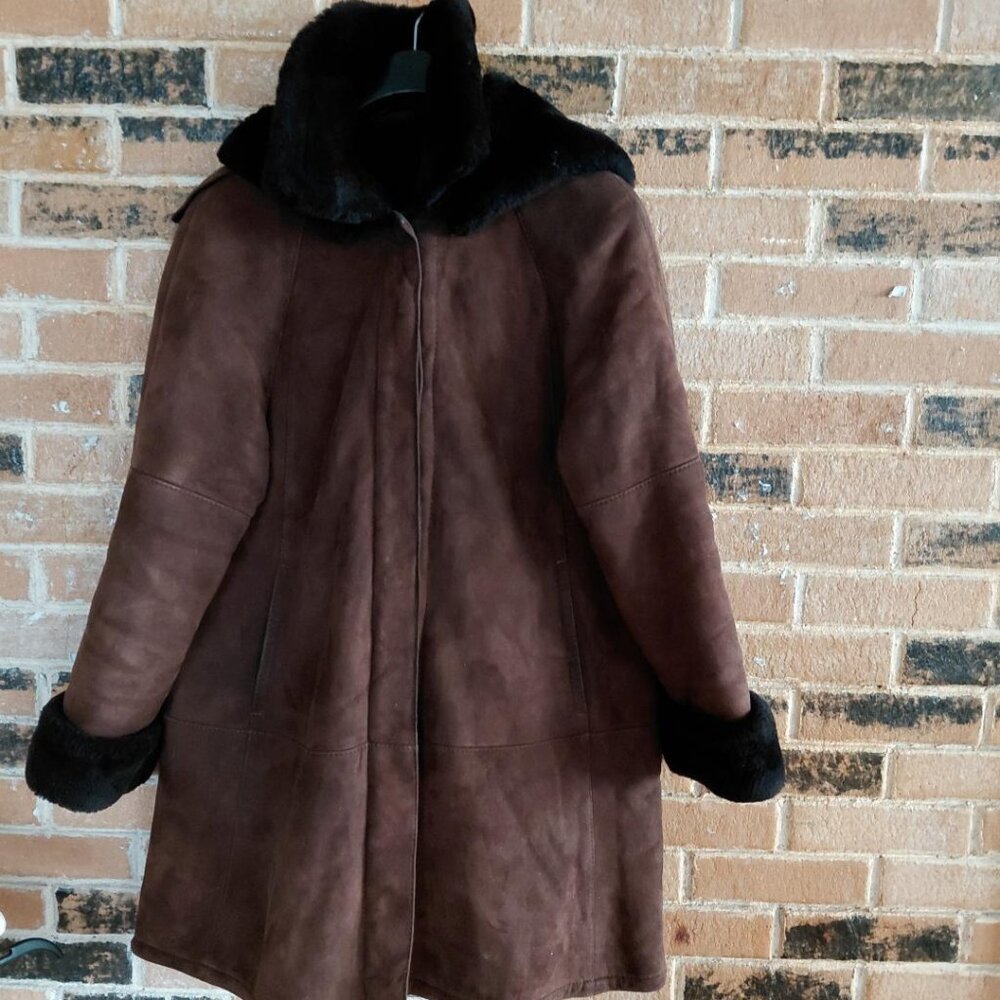 Clifford Michael Brown Suede Shearling Lined Hooded Coat